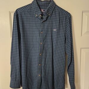 Vineyard Vines Men's Blue and Green Checkered Shirt
